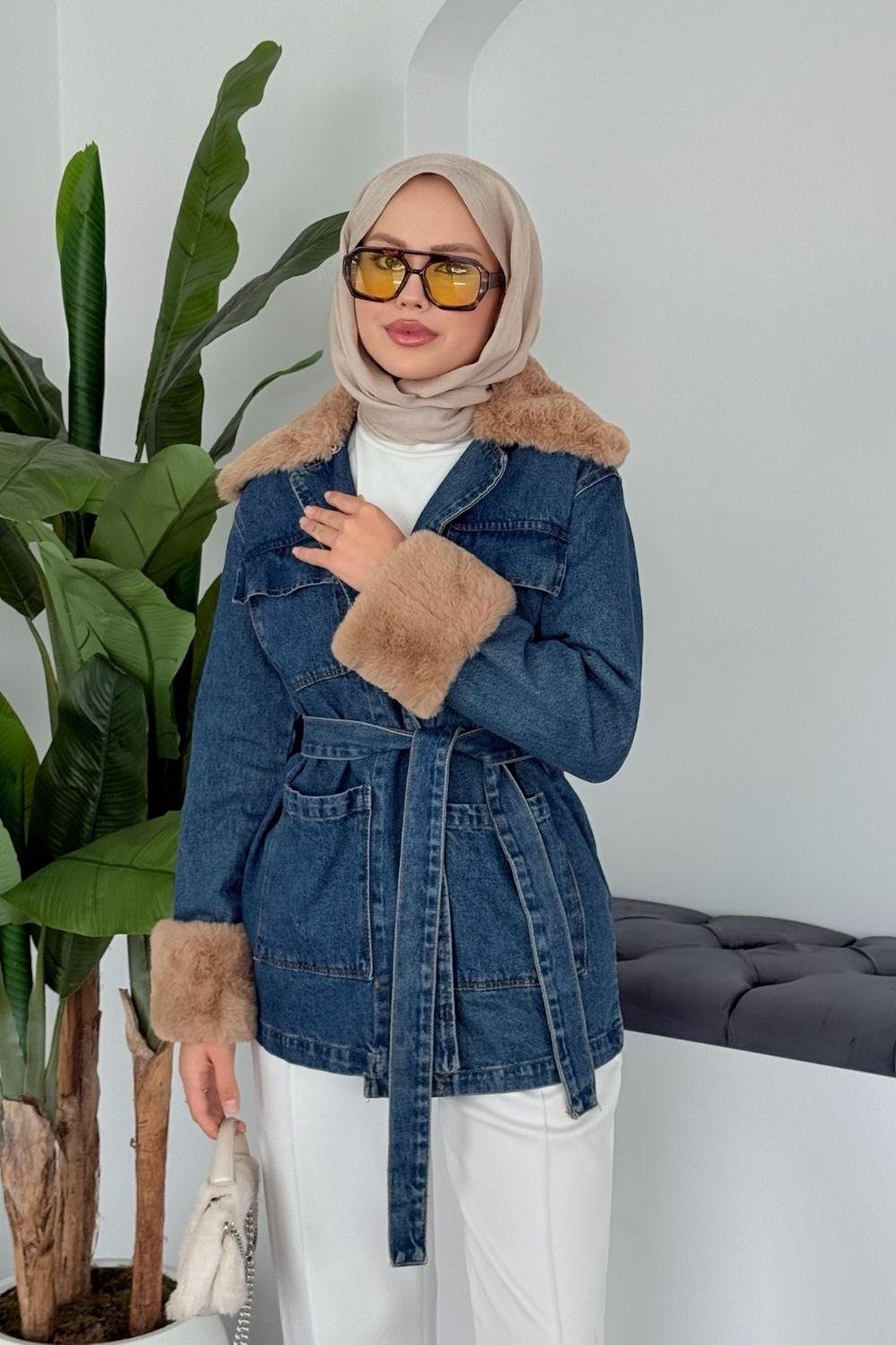 Kürklü Kot Ceket Mavi 81185 