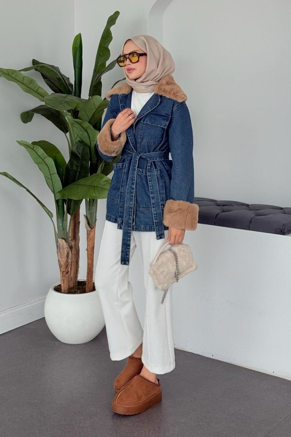 Kürklü Kot Ceket Mavi 81185 