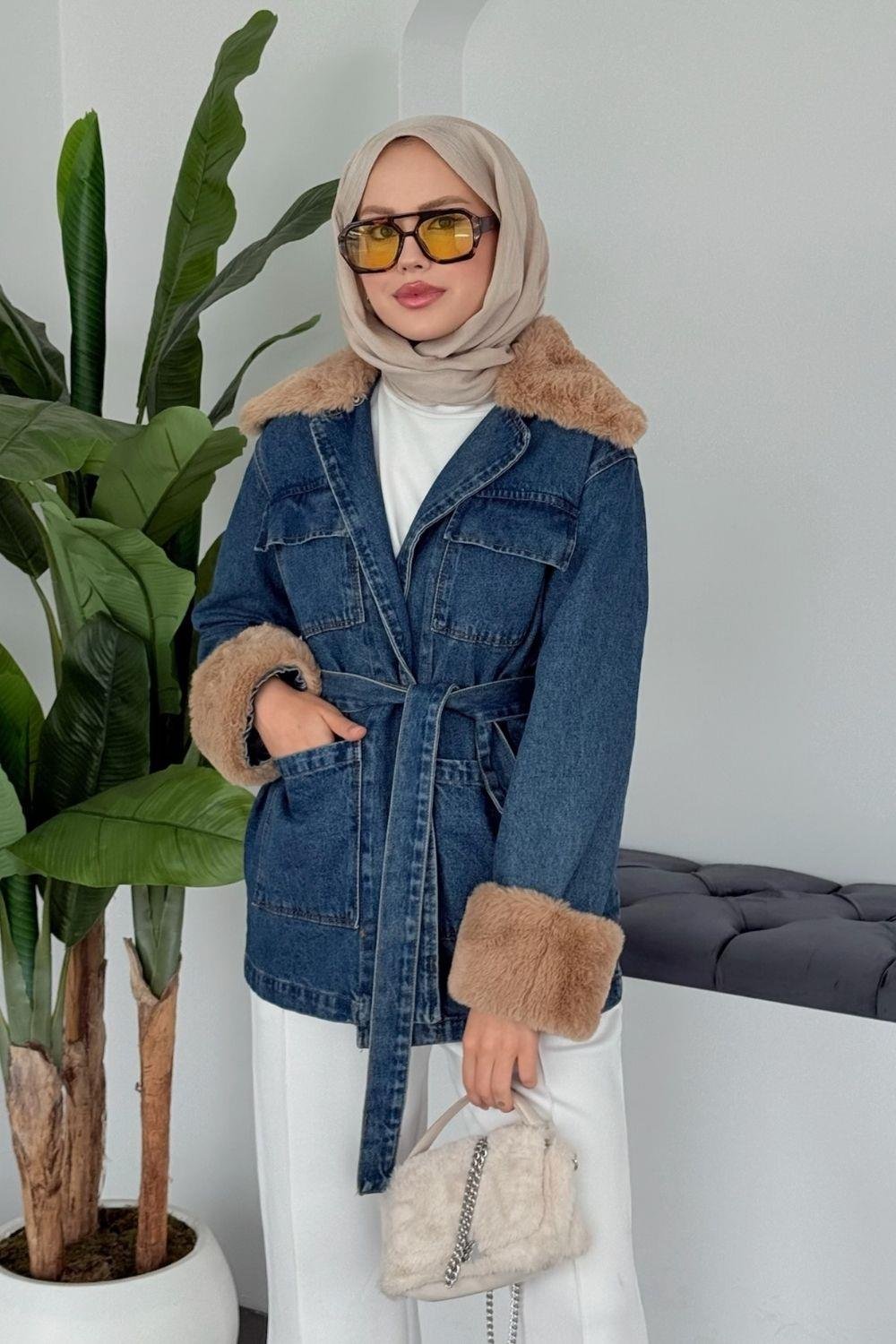 Kürklü Kot Ceket Mavi 81185 