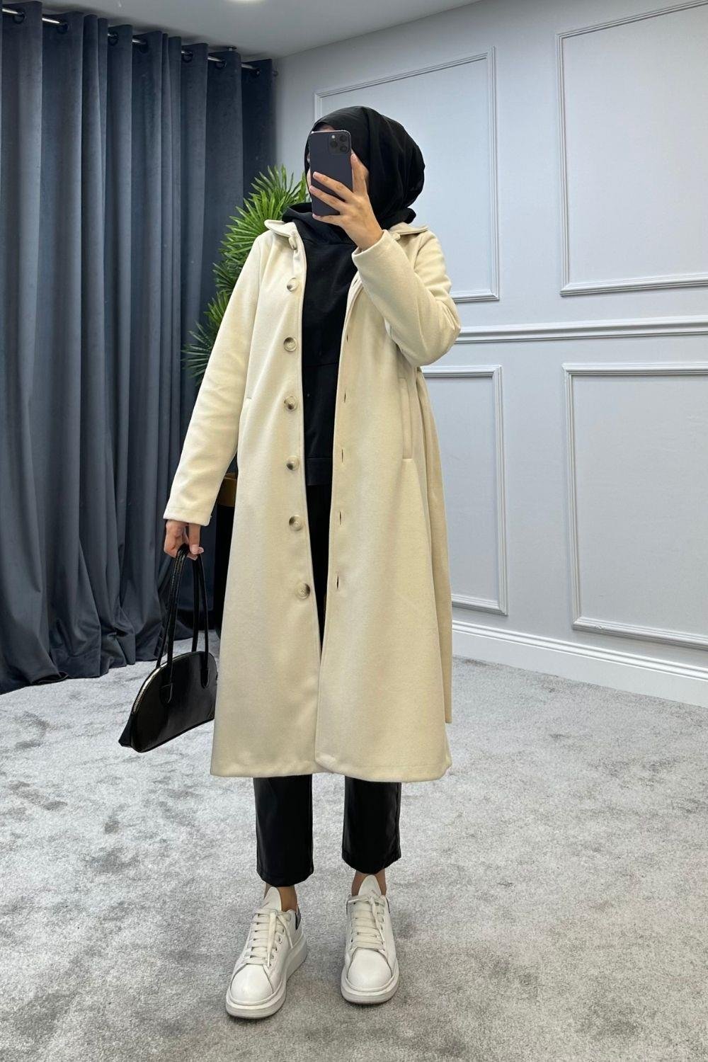 Bebe Yaka Kaşe Kaban Bej 8121 