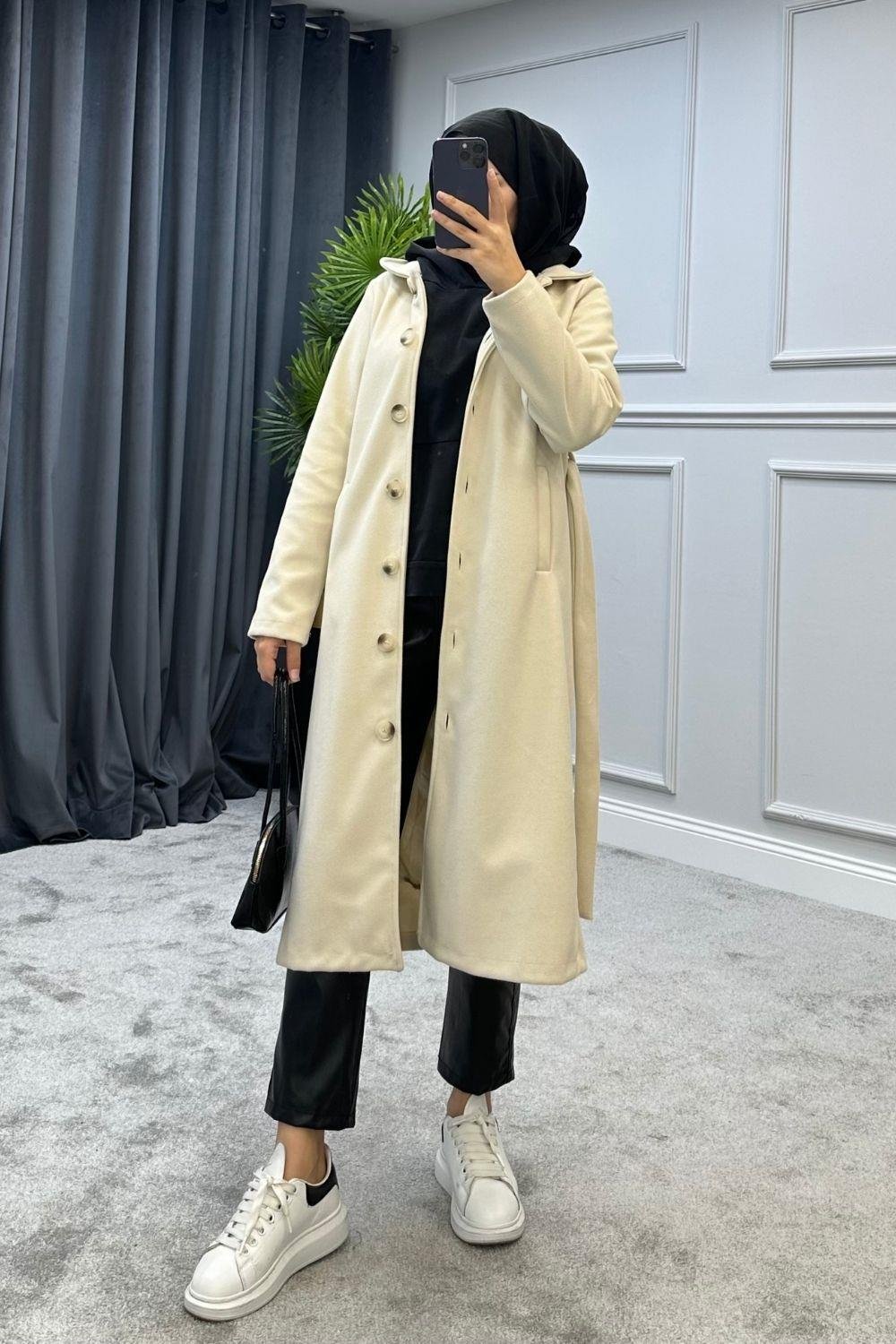 Bebe Yaka Kaşe Kaban Bej 8121 