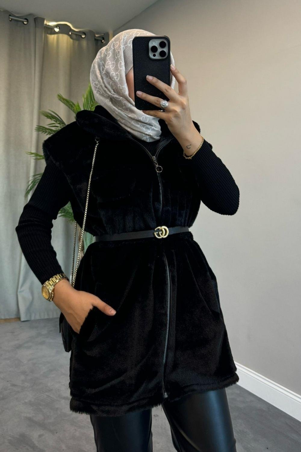 Fermuarlı Peluş Yelek Siyah 81300 