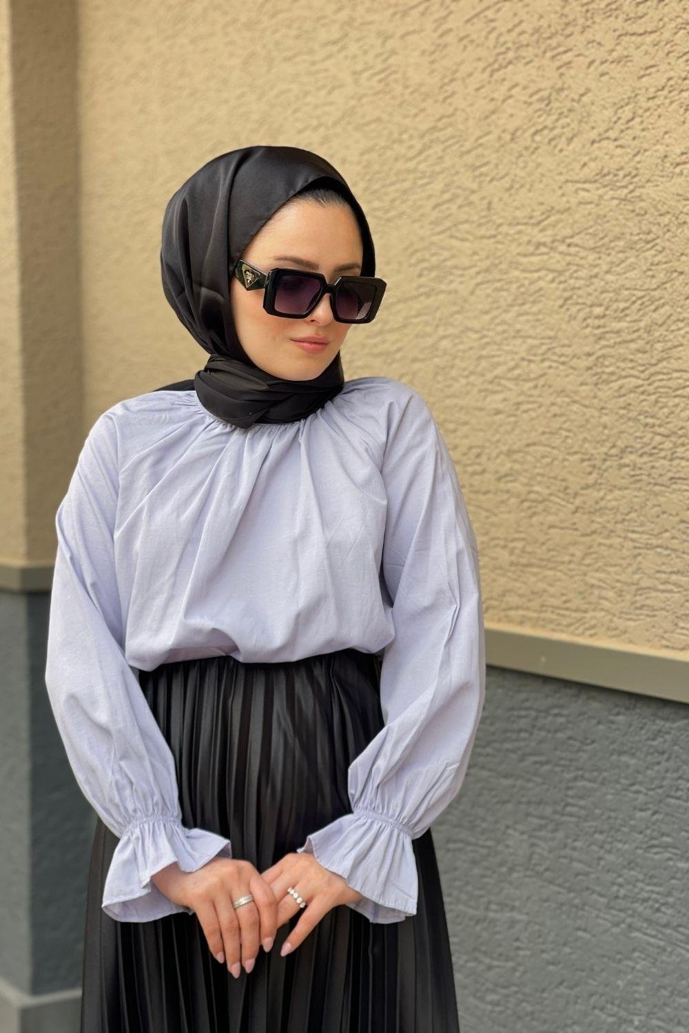 Kolu Lastikli Poplin Tesettür Tunik Gri 8210 