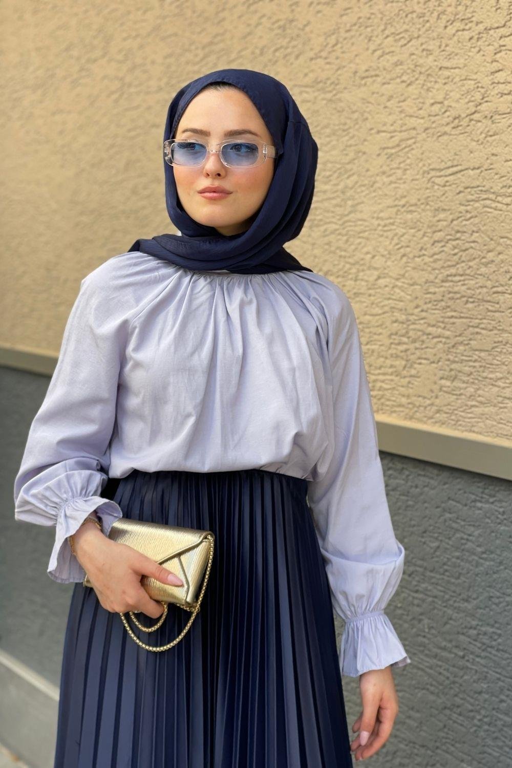 Kolu Lastikli Poplin Tesettür Tunik Gri 8210 