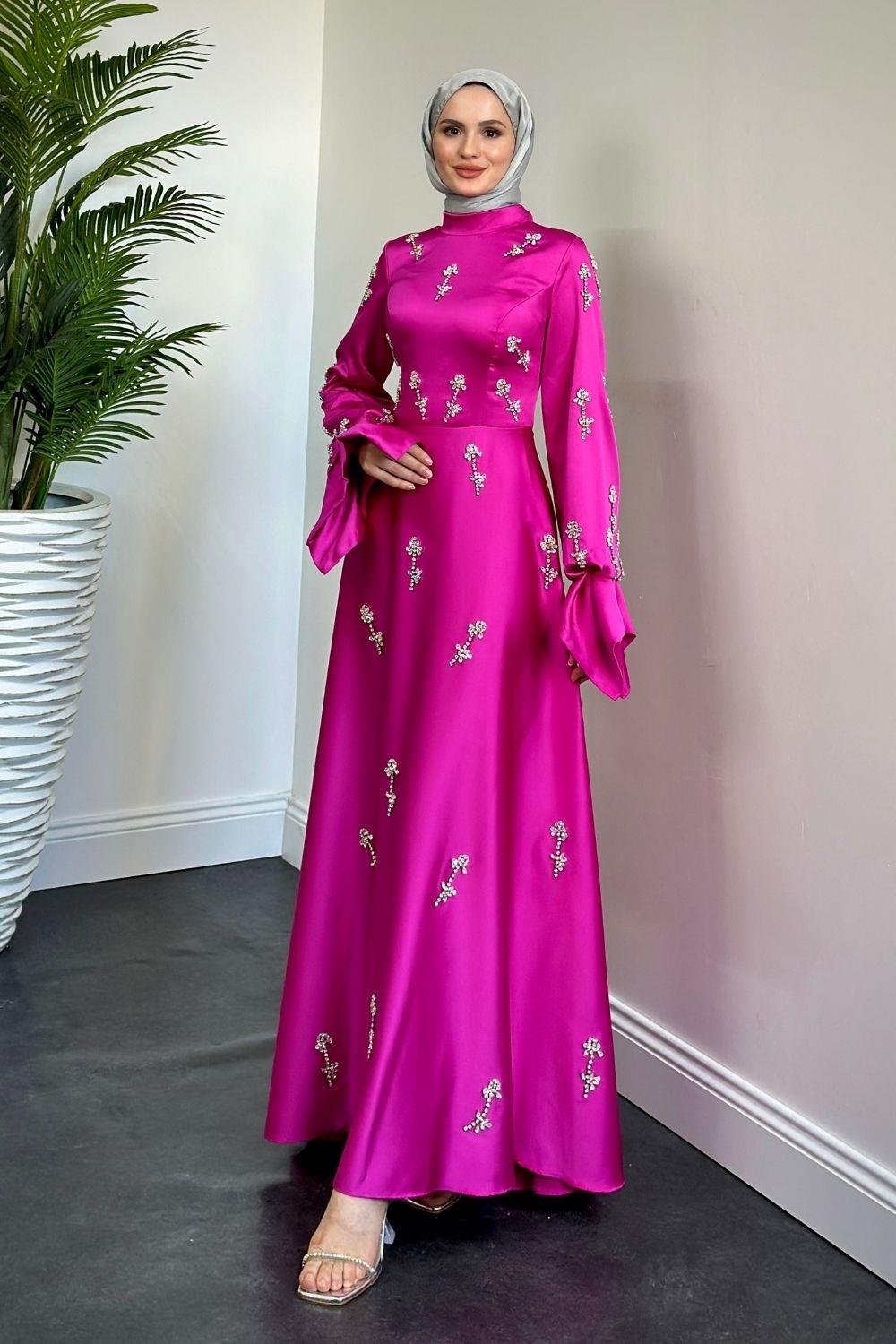 Emilia Prenses Taşlı Abiye Fuşya 8290 