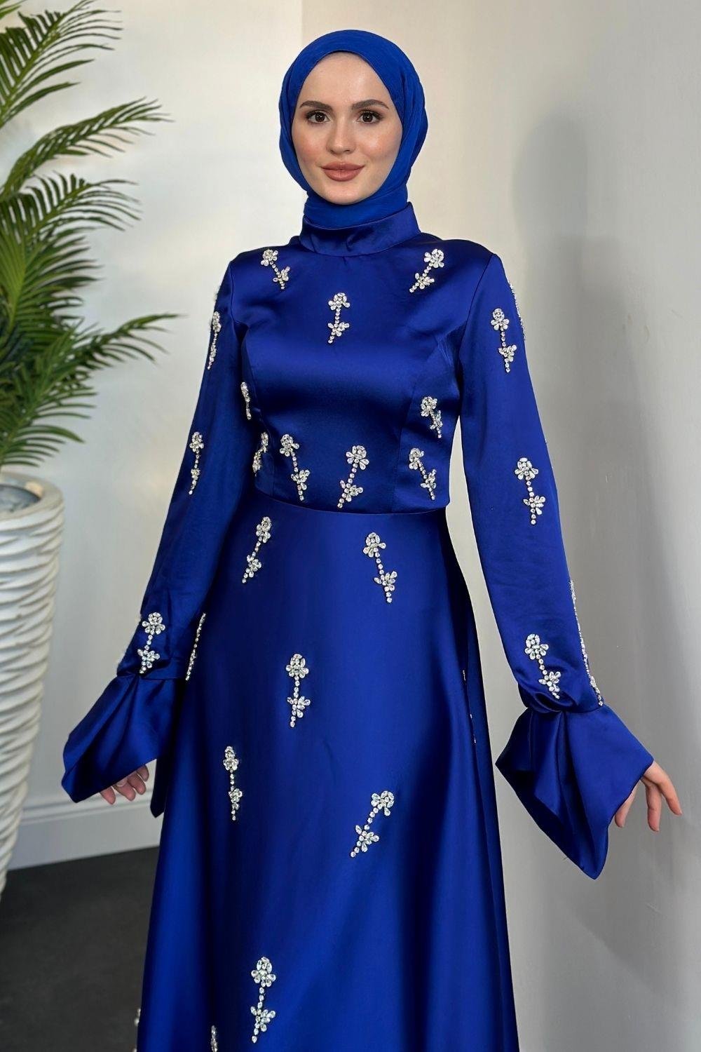 Emilia Prenses Taşlı Abiye Saks 8290 