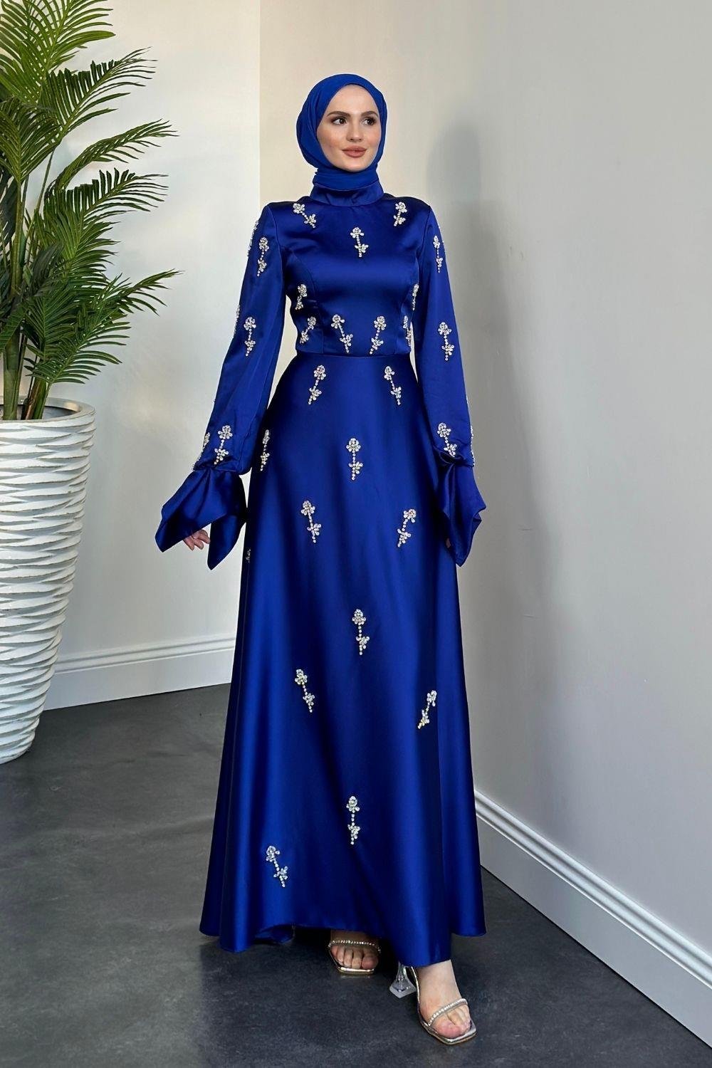 Emilia Prenses Taşlı Abiye Saks 8290 