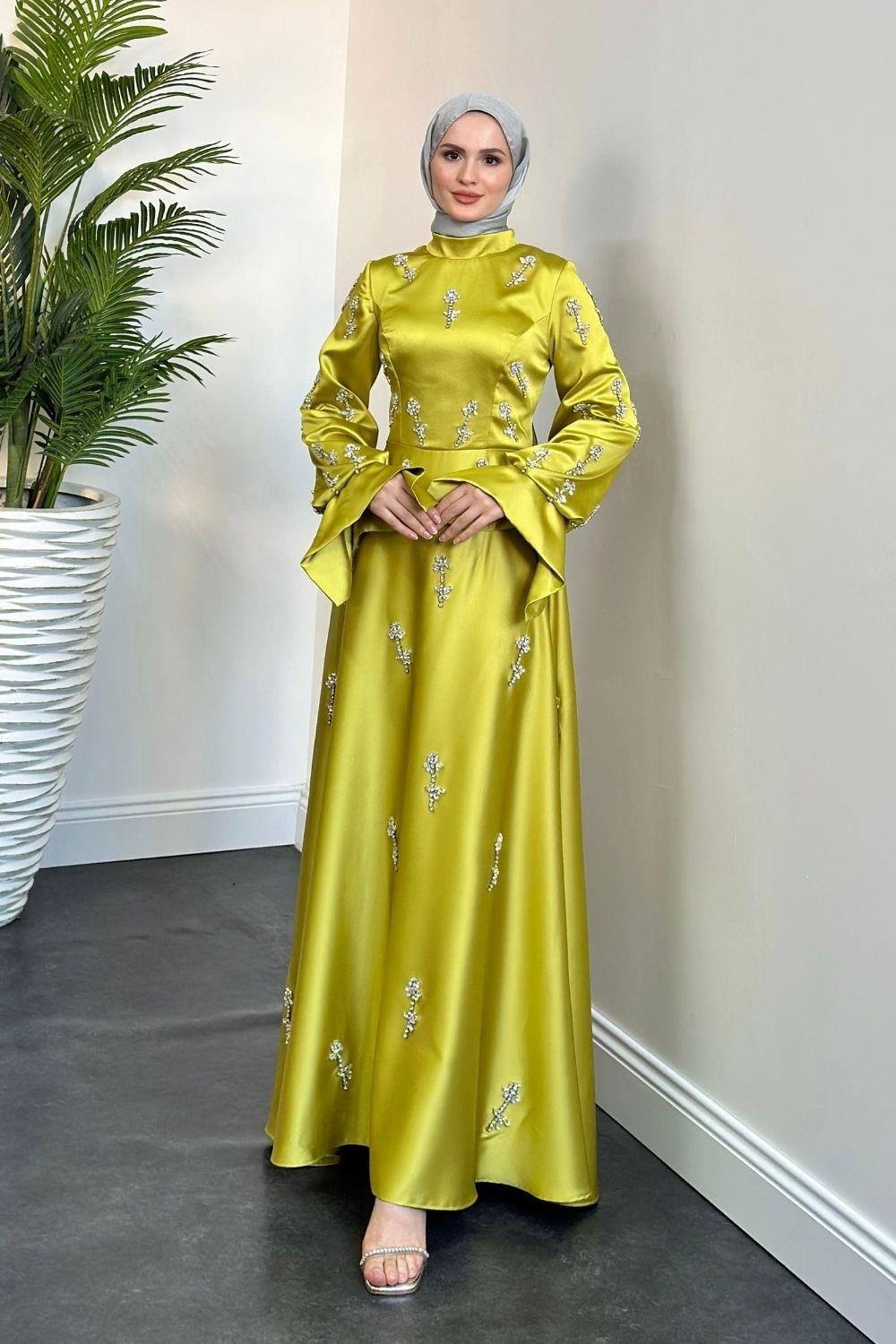 Emilia Prenses Taşlı Abiye Yağ Yeşili 8290 