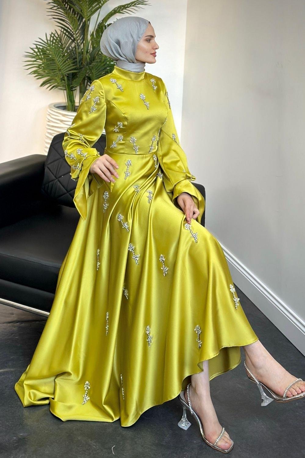 Emilia Prenses Taşlı Abiye Yağ Yeşili 8290 