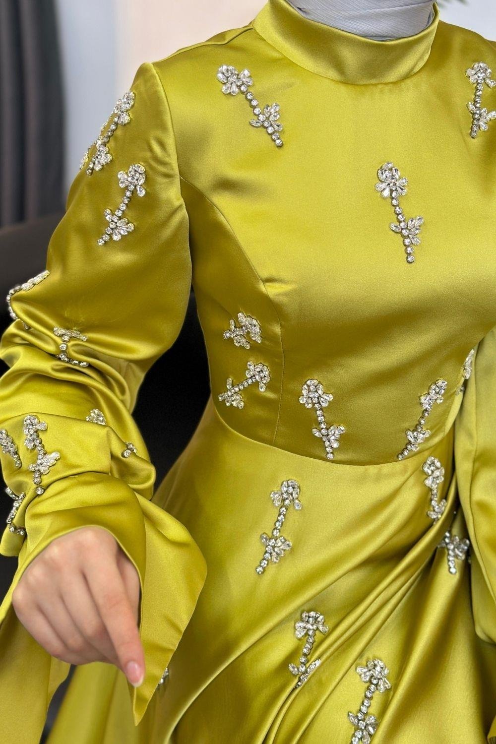 Emilia Prenses Taşlı Abiye Yağ Yeşili 8290 