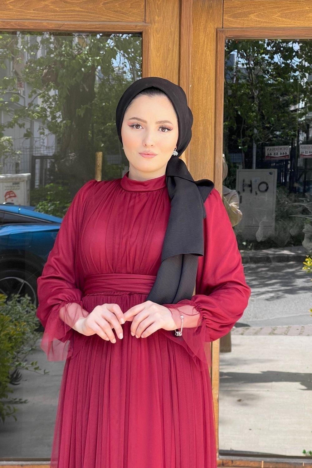 Tül Kol Ucu Lastikli Abiye Bordo 8304 