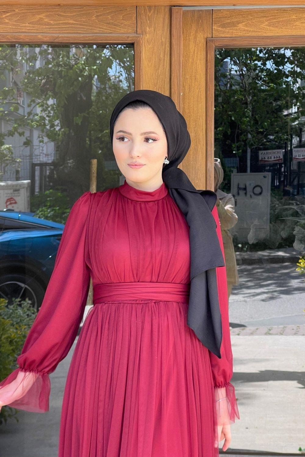 Tül Kol Ucu Lastikli Abiye Bordo 8304 