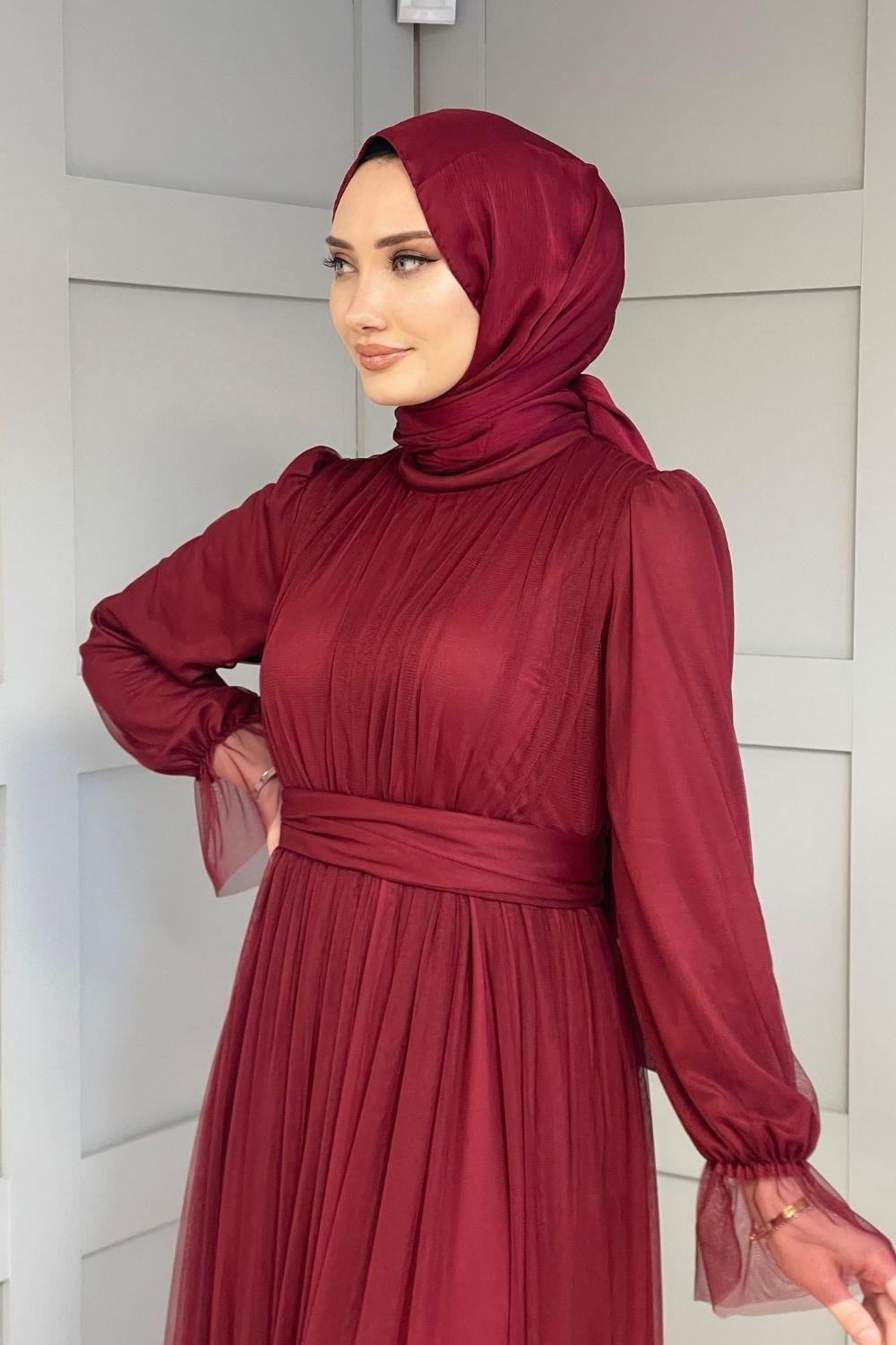 Tül Kol Ucu Lastikli Abiye Lila 8304 