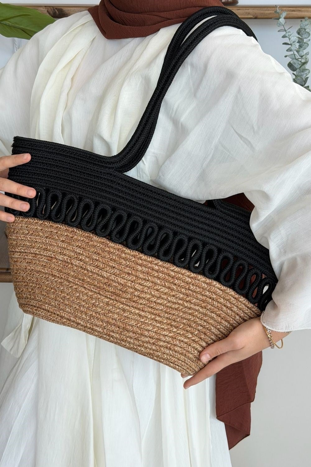 Miami Handmade Hasır Omuz Çantası Siyah 8321 