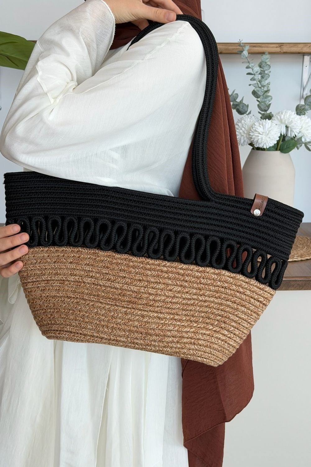 Miami Handmade Hasır Omuz Çantası Siyah 8321 