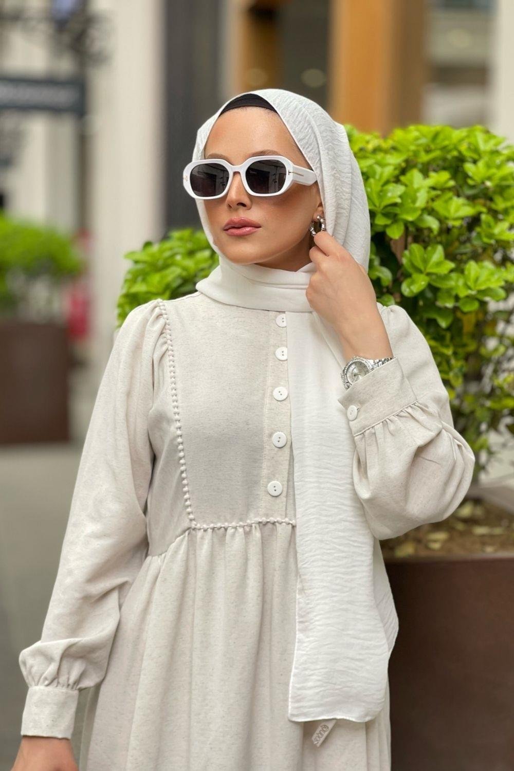 Düğmeli Keten Elbise Krem 8390 
