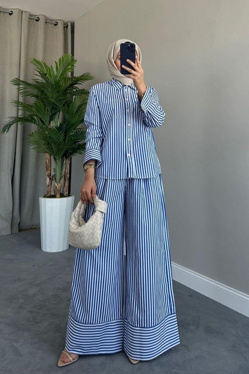 Poplin Çizgili Pantolonlu Takım Mavi 8391 