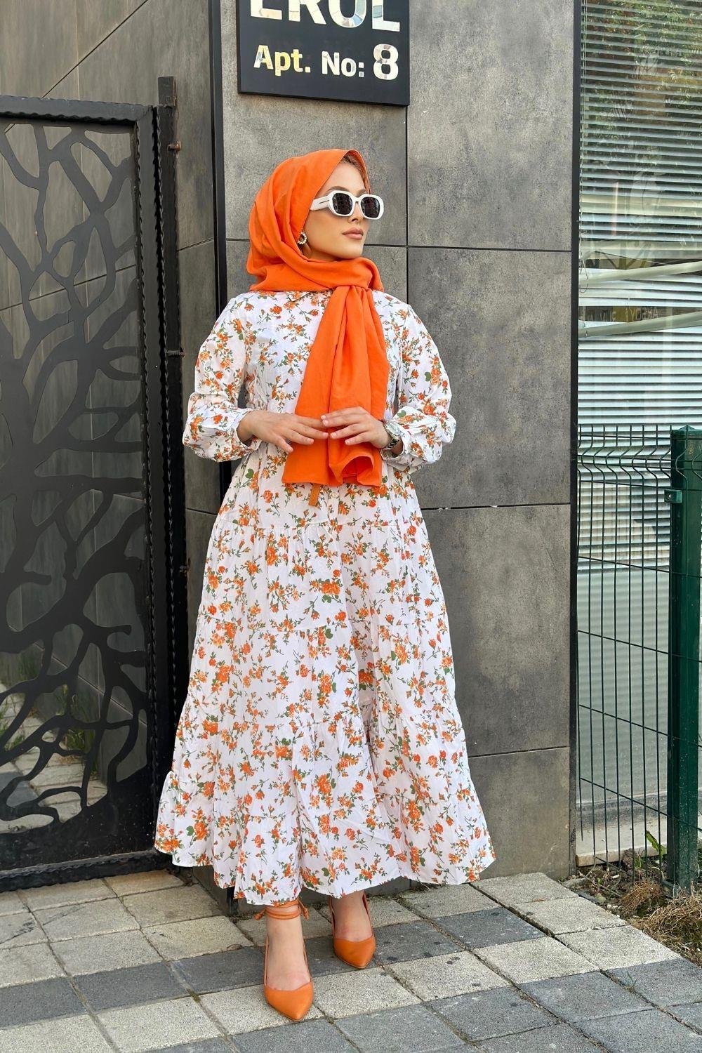 Minik Çiçekli Elbise Turuncu 8484 