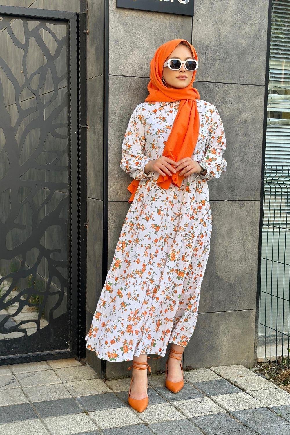 Minik Çiçekli Elbise Turuncu 8484 