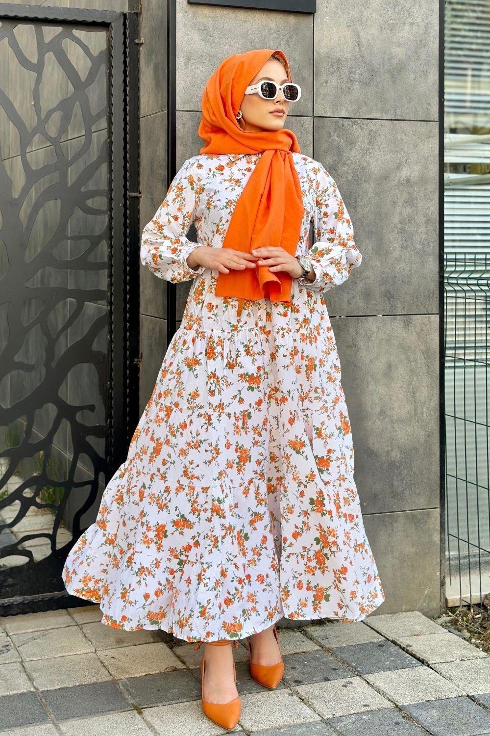 Minik Çiçekli Elbise Turuncu 8484 