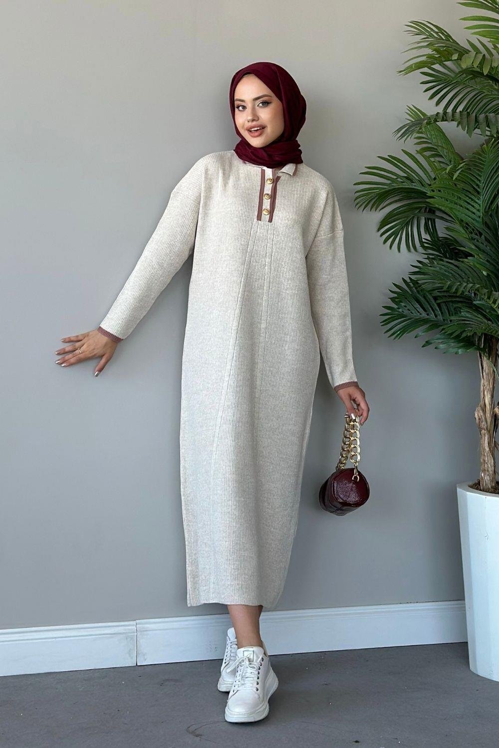 Önü Düğmeli Triko Elbise Bej 8526 