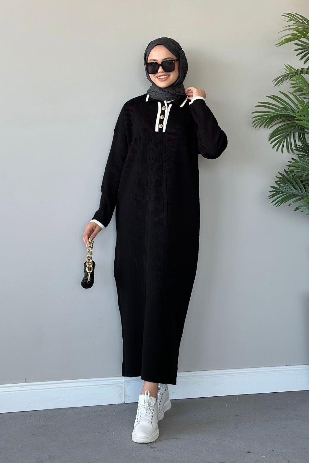 فستان تريكو بأزرار أمامية أسود 8526 