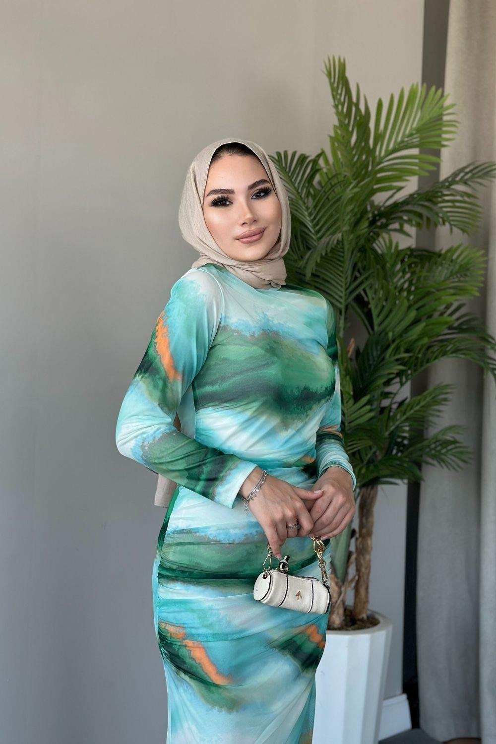 Büzgülü Tül Elbise Yeşil 8603 