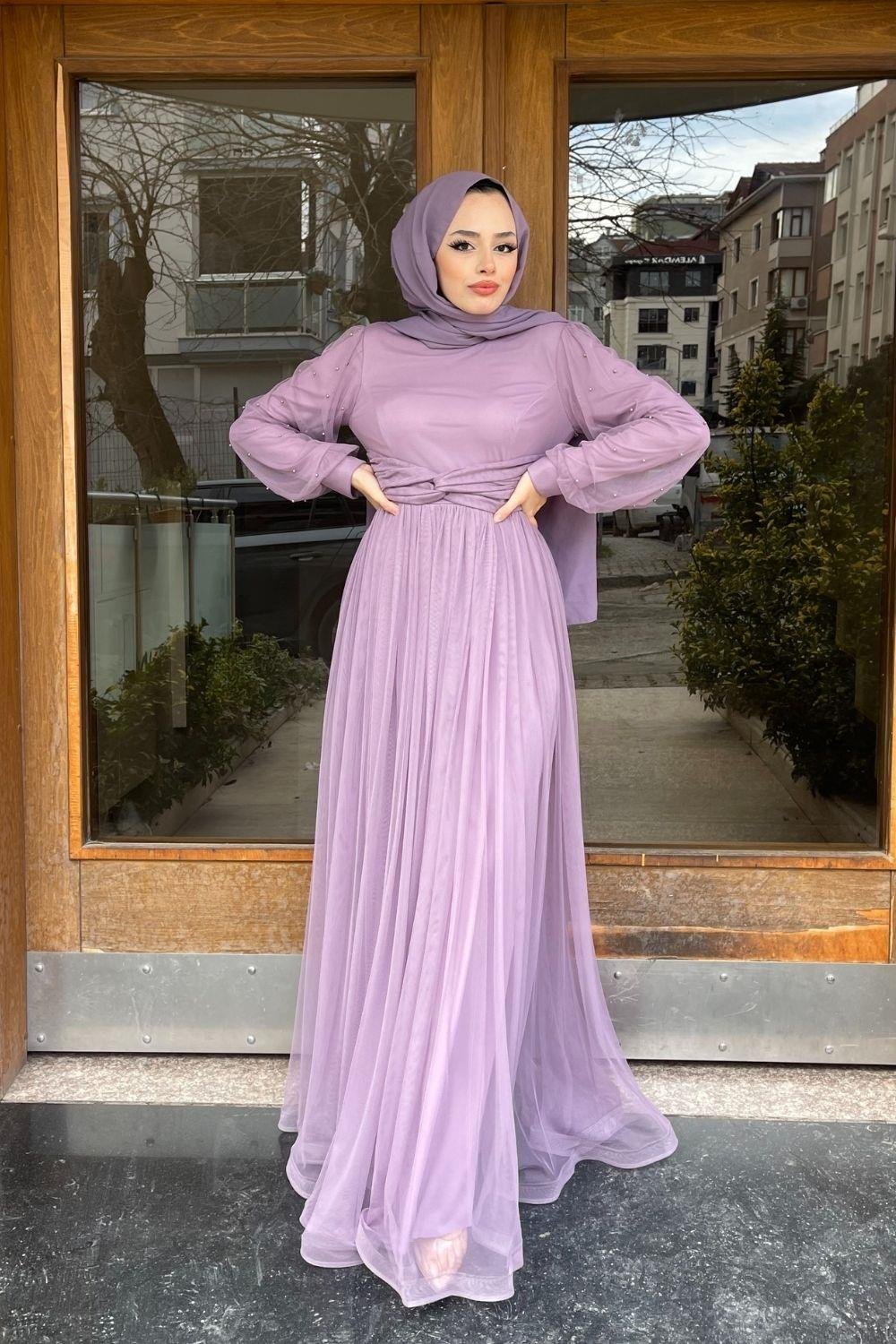 Kolları Boncuklu Beli Çapraz Tül Abiye Lila 8627 