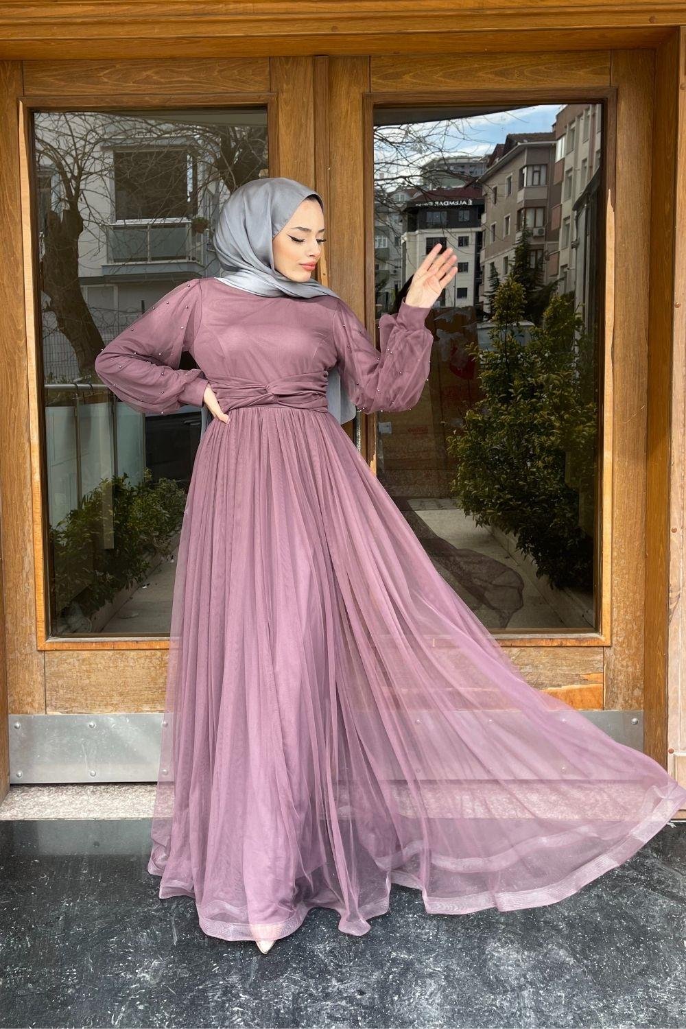 Kolları Boncuklu Beli Çapraz Tül Abiye Mürdüm 8627 