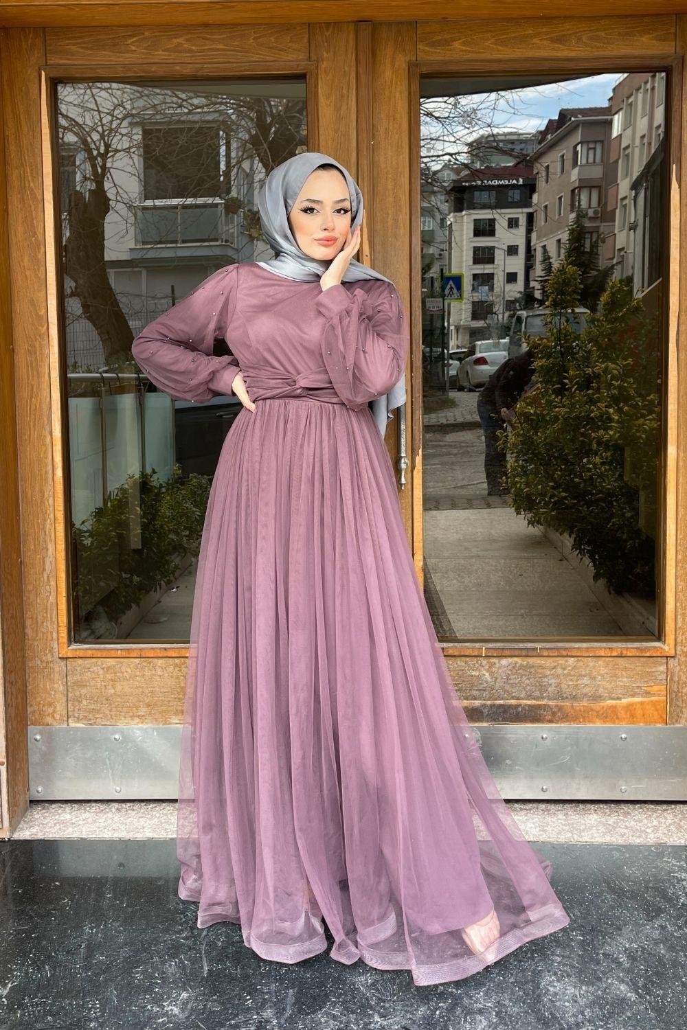 Kolları Boncuklu Beli Çapraz Tül Abiye Mürdüm 8627 