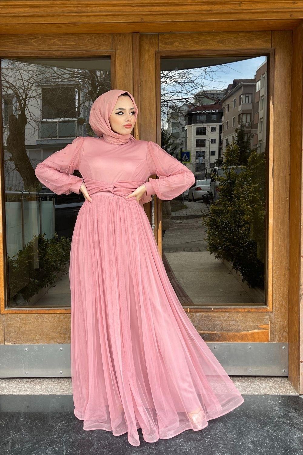 Kolları Boncuklu Beli Çapraz Tül Abiye Pudra 8627 