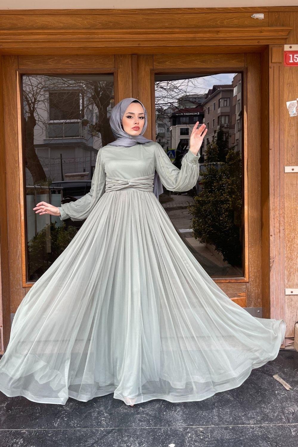 Kolları Boncuklu Beli Çapraz Tül Abiye Mint 8627 