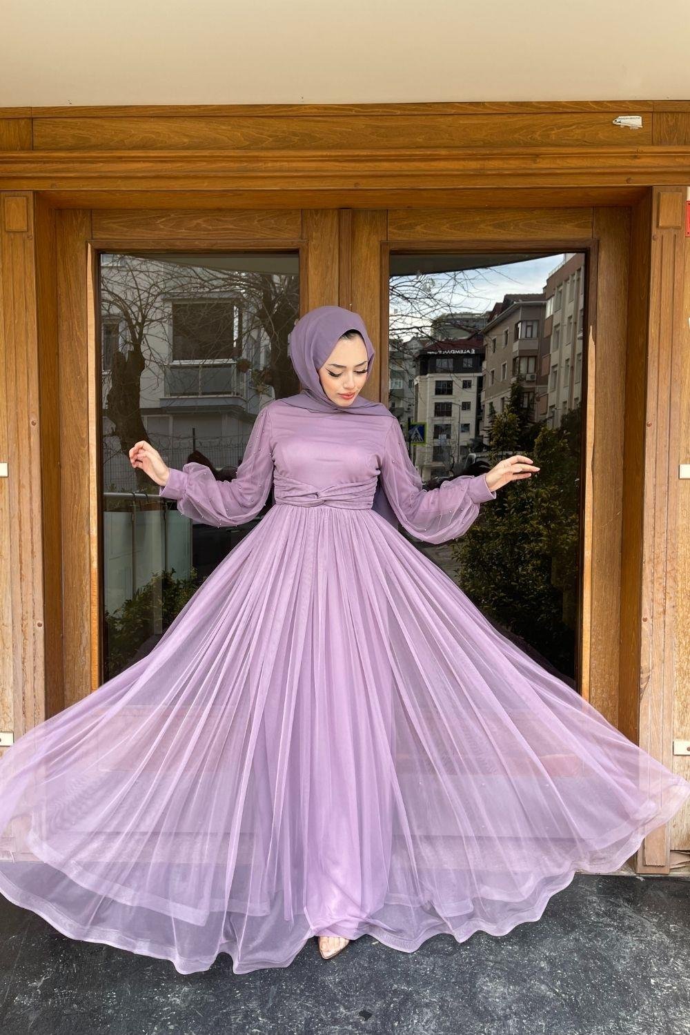 Kolları Boncuklu Beli Çapraz Tül Abiye Lila 8627 