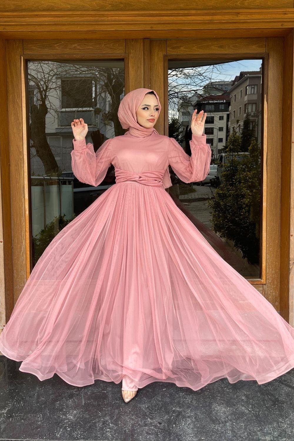 Kolları Boncuklu Beli Çapraz Tül Abiye Pudra 8627 