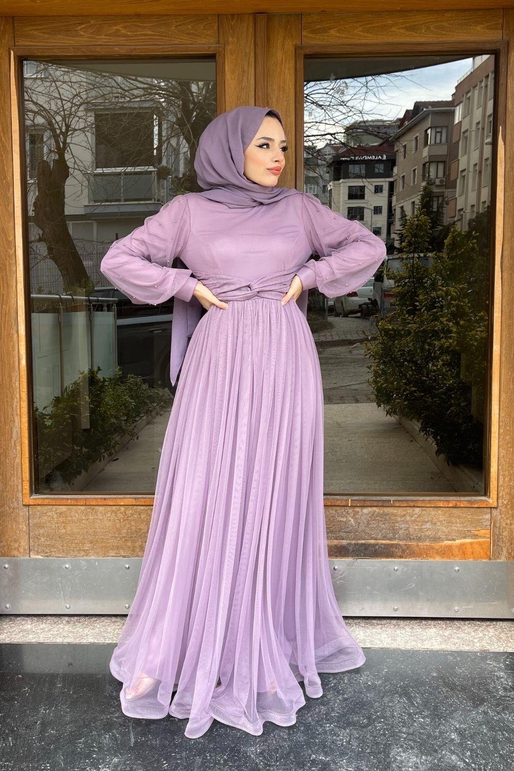 Kolları Boncuklu Beli Çapraz Tül Abiye Lila 8627 