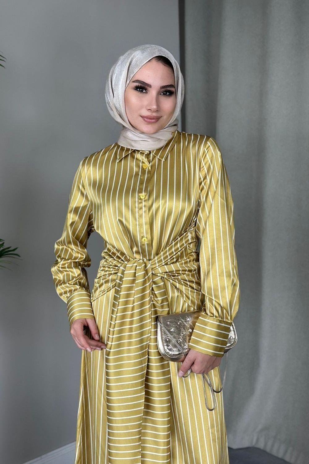 Bağlamalı Saten Elbise Yağ Yeşili 8674 