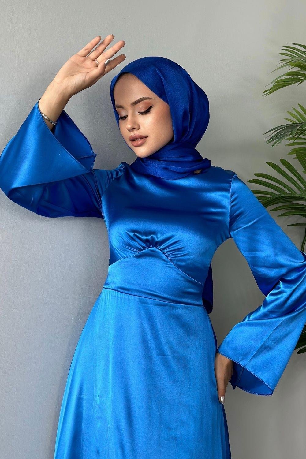 Arkadan Çapraz Saten Abiye İndigo 8677 