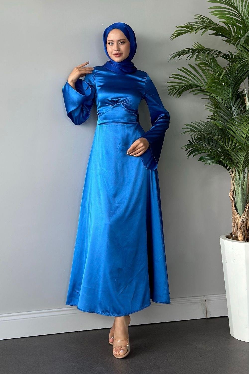 Arkadan Çapraz Saten Abiye İndigo 8677 