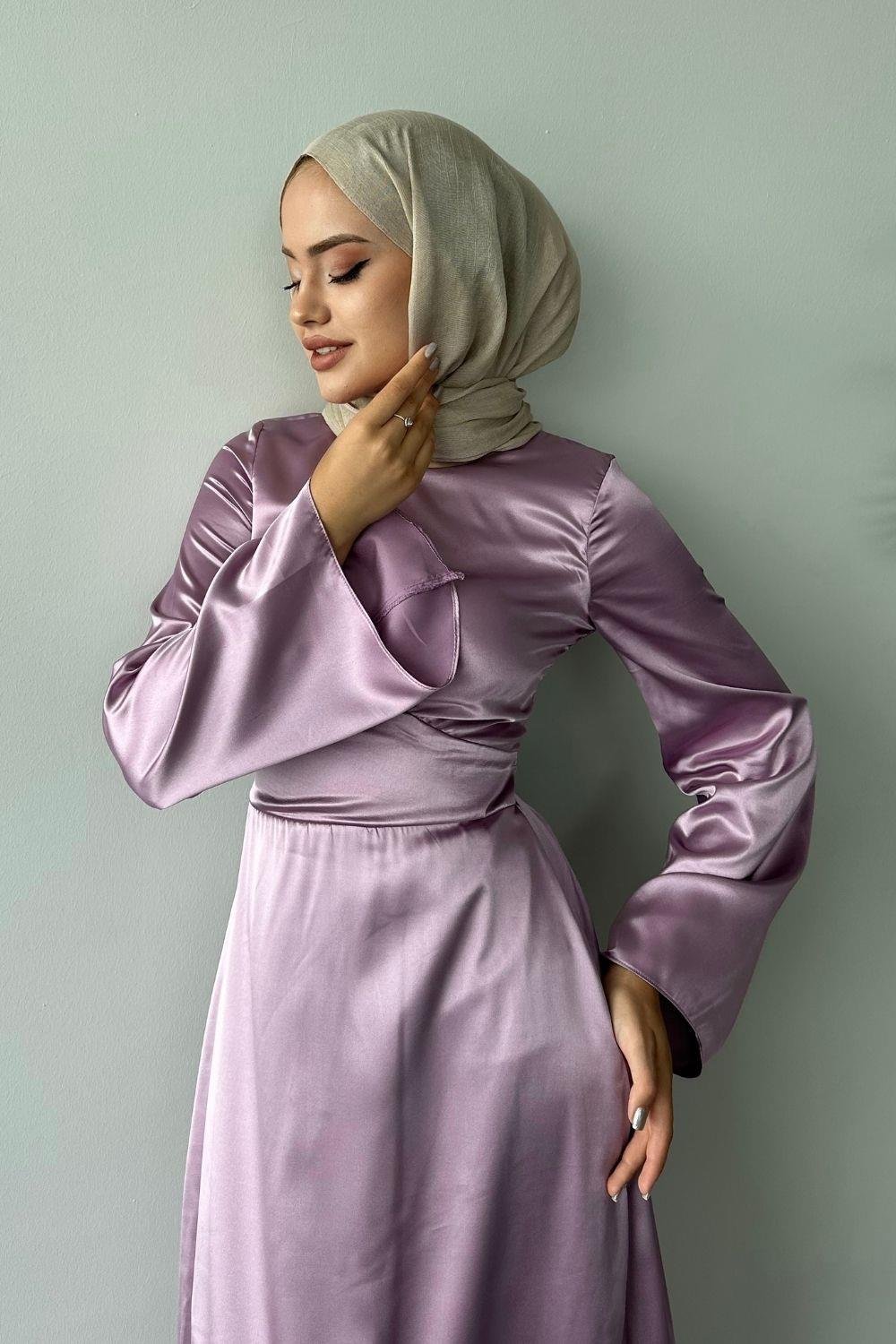 Arkadan Çapraz Saten Abiye Lila 8677 