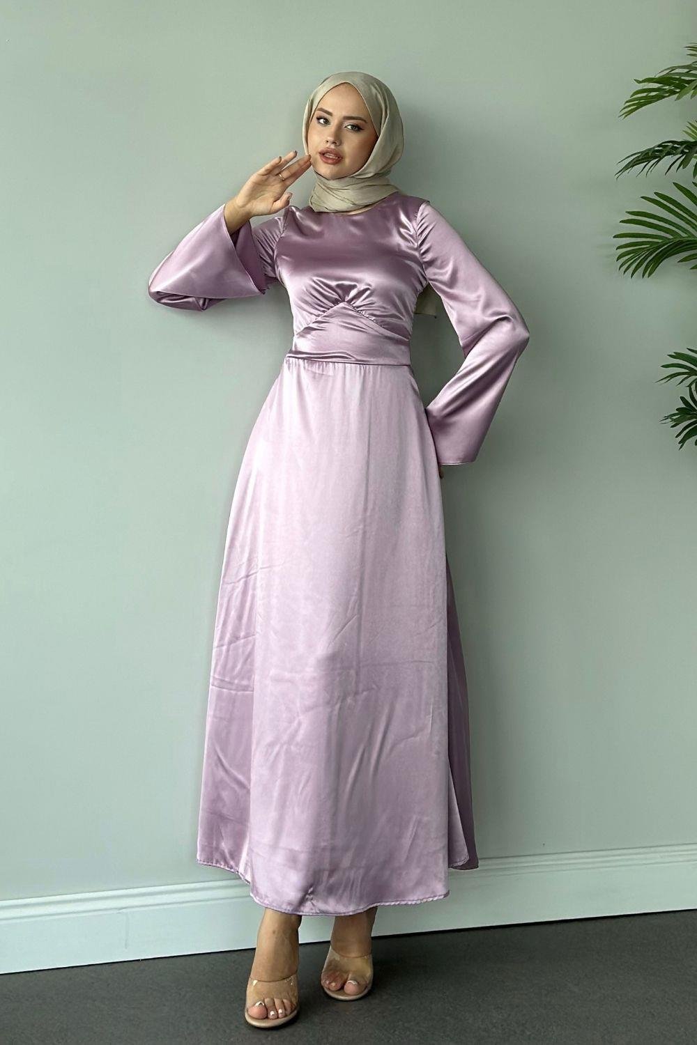 Arkadan Çapraz Saten Abiye Lila 8677 