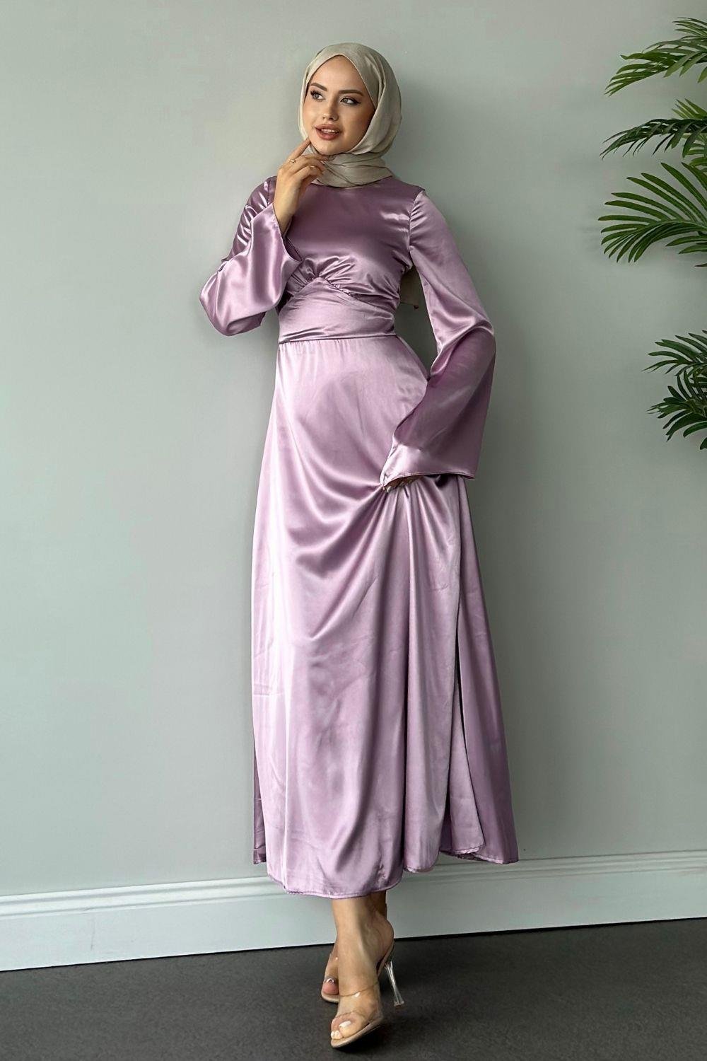 Arkadan Çapraz Saten Abiye Lila 8677 