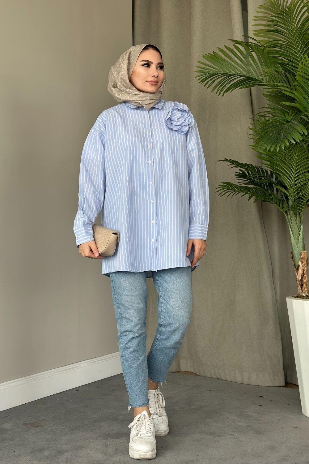 Gül Detaylı Gömlek Mavi 86780 