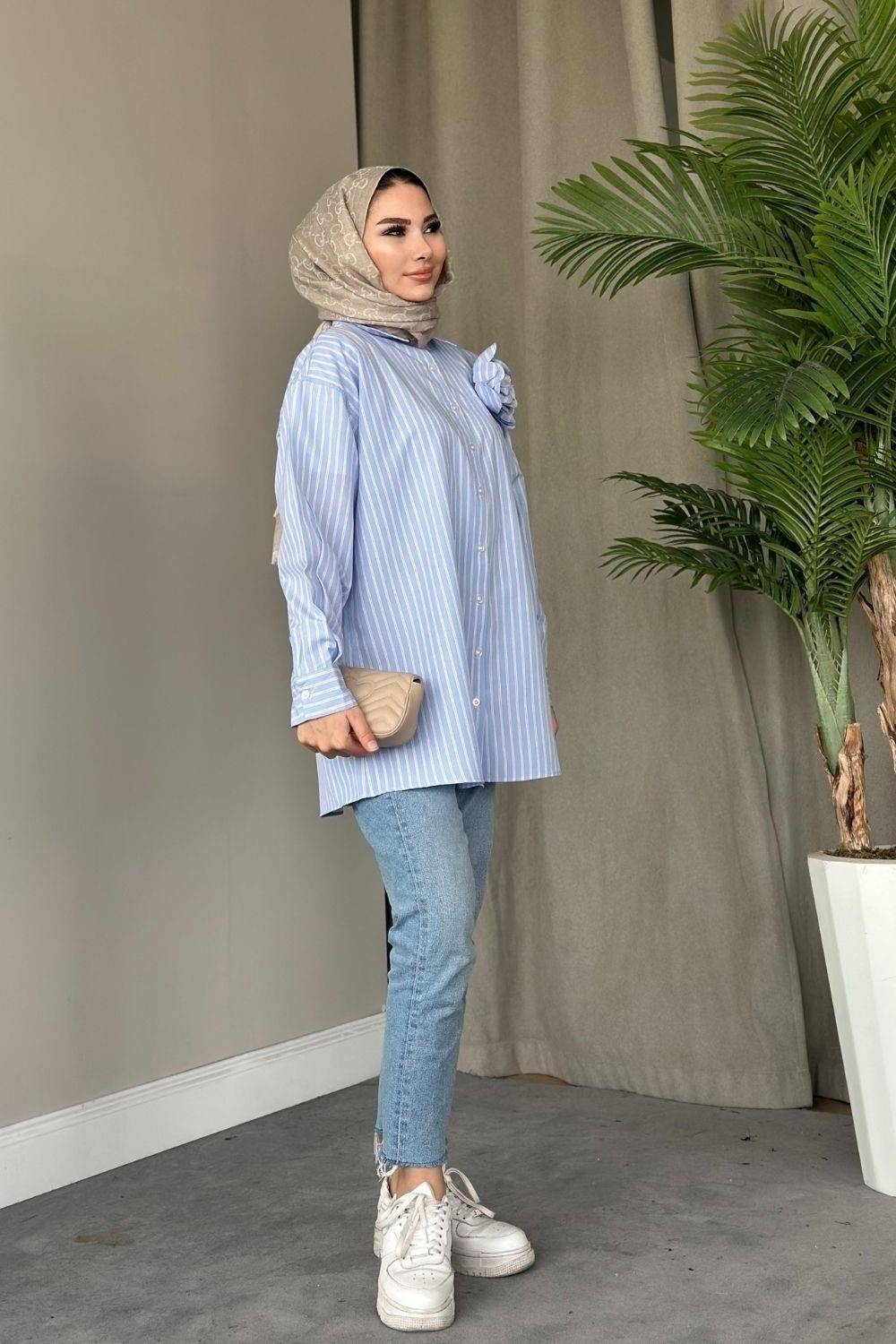 Gül Detaylı Gömlek Mavi 86780 