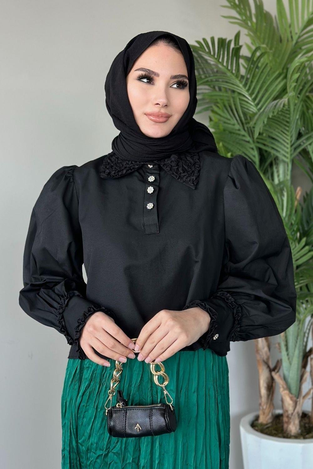 Yakası Fırfır Detaylı Gömlek Siyah 8679 