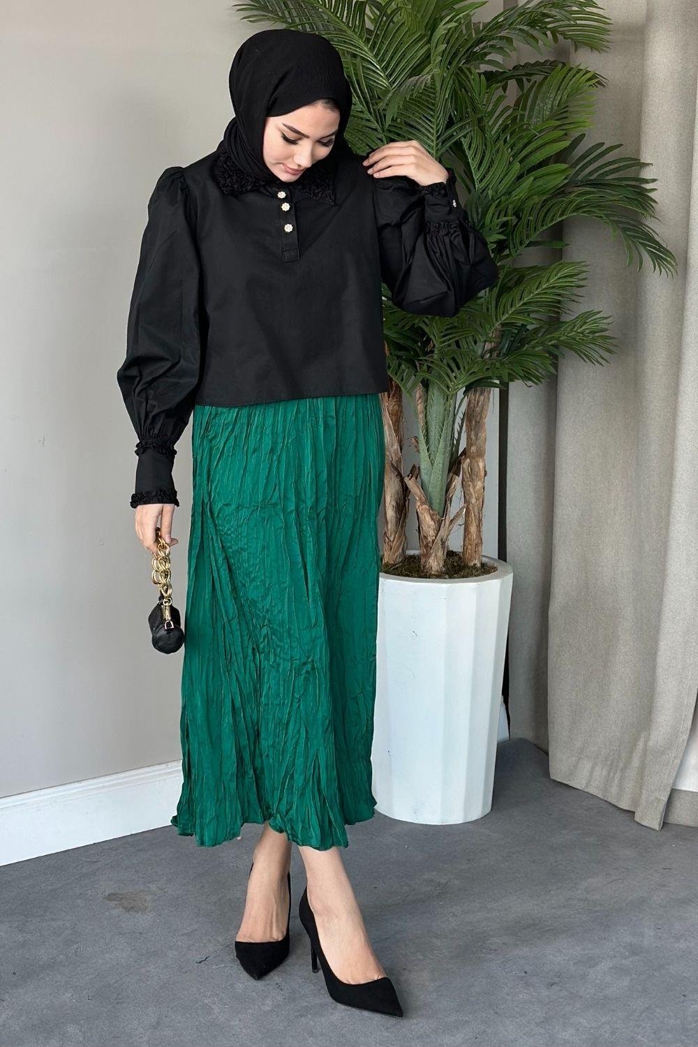 Yakası Fırfır Detaylı Gömlek Siyah 8679 