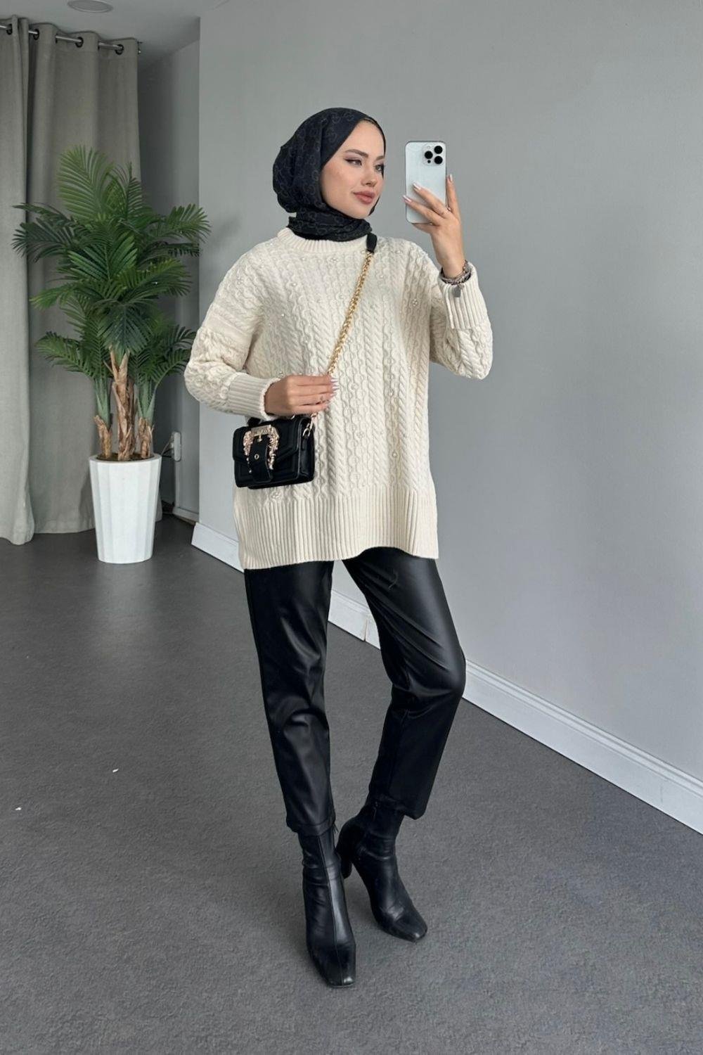 İncili Triko Kazak Ekru 8773 