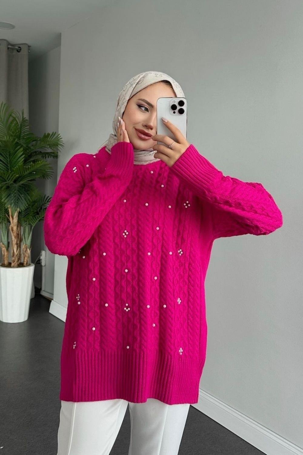 İncili Triko Kazak Pembe 8773 