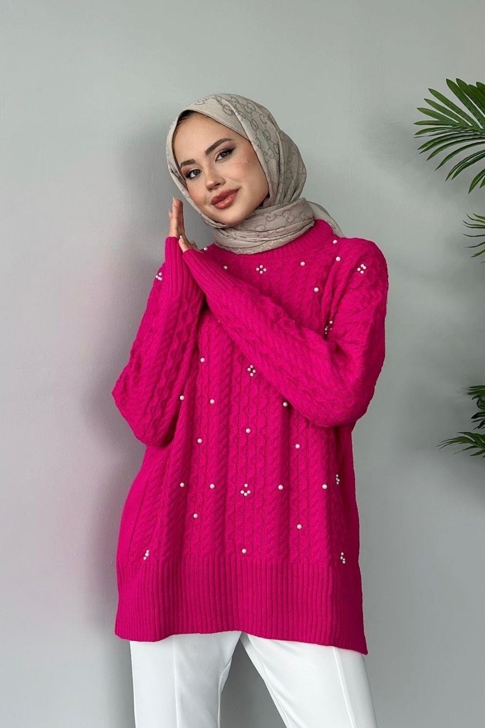 İncili Triko Kazak Pembe 8773 