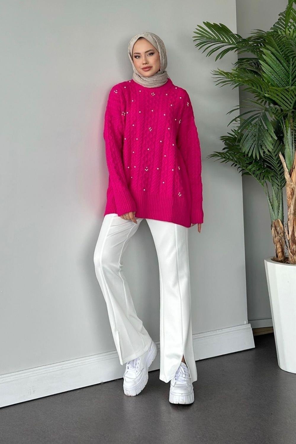 İncili Triko Kazak Pembe 8773 