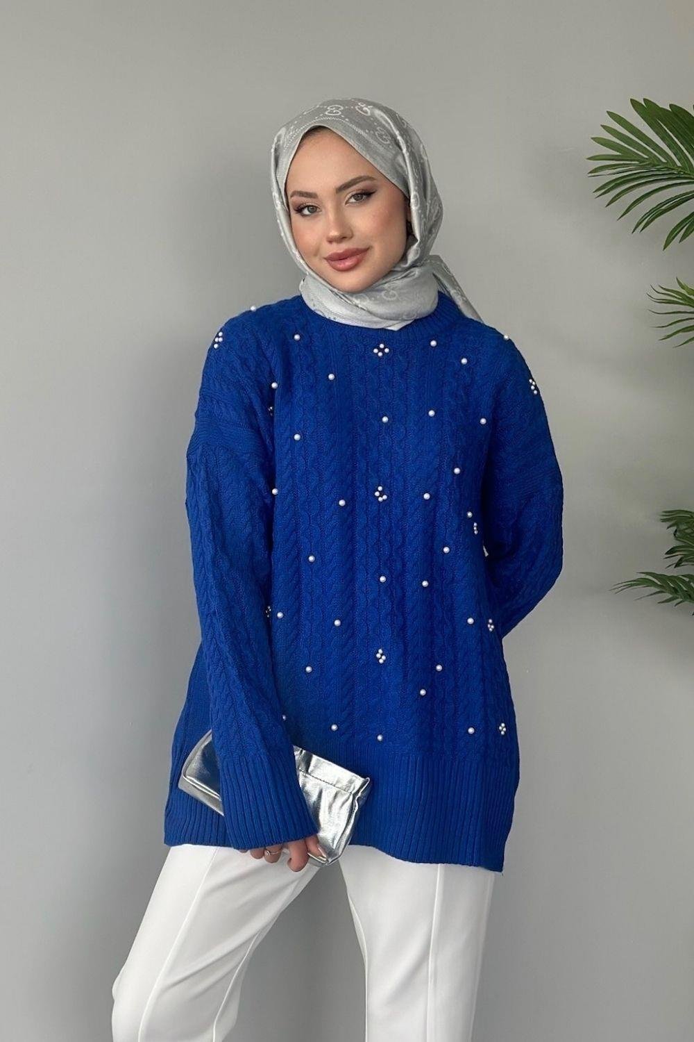 İncili Triko Kazak Saks 8773 